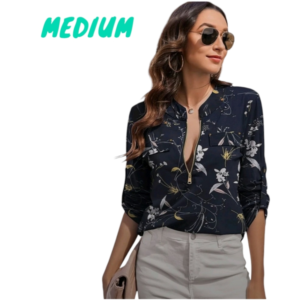 ANGVNS Dark Floral Gold V Neck Zip Chiffon Blouse Roll Tab Officecore Women Med